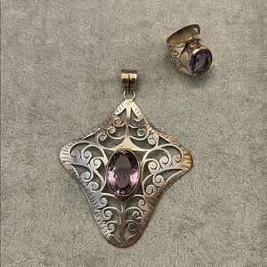 Sterling Silver and Amethyst Pendant and Ring JmSet